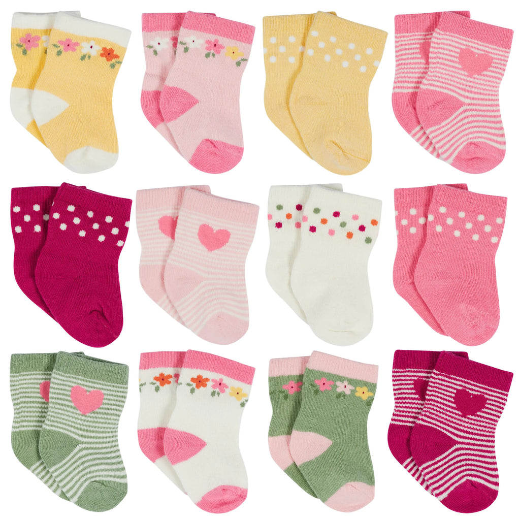 12-Pack Baby & Toddler Girls Floral Fox Jersey Crew Wiggle Proof Socks