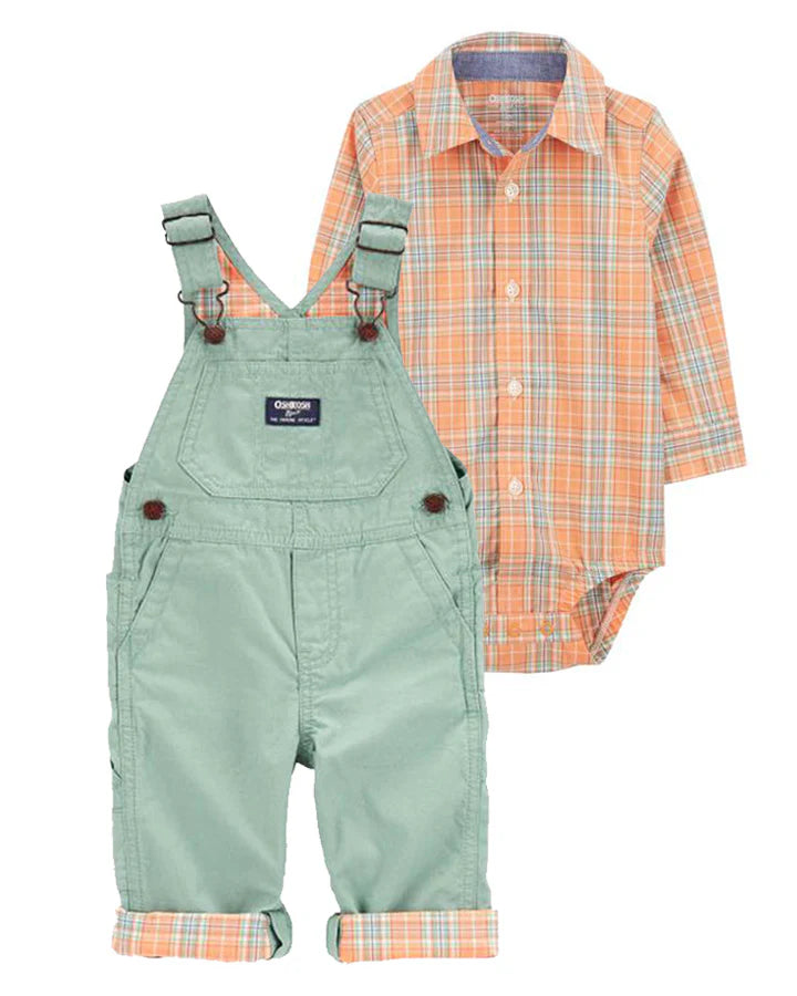 Oshkosh Plaid Button-Front Bodysuit with Plaid Lined Overalls
