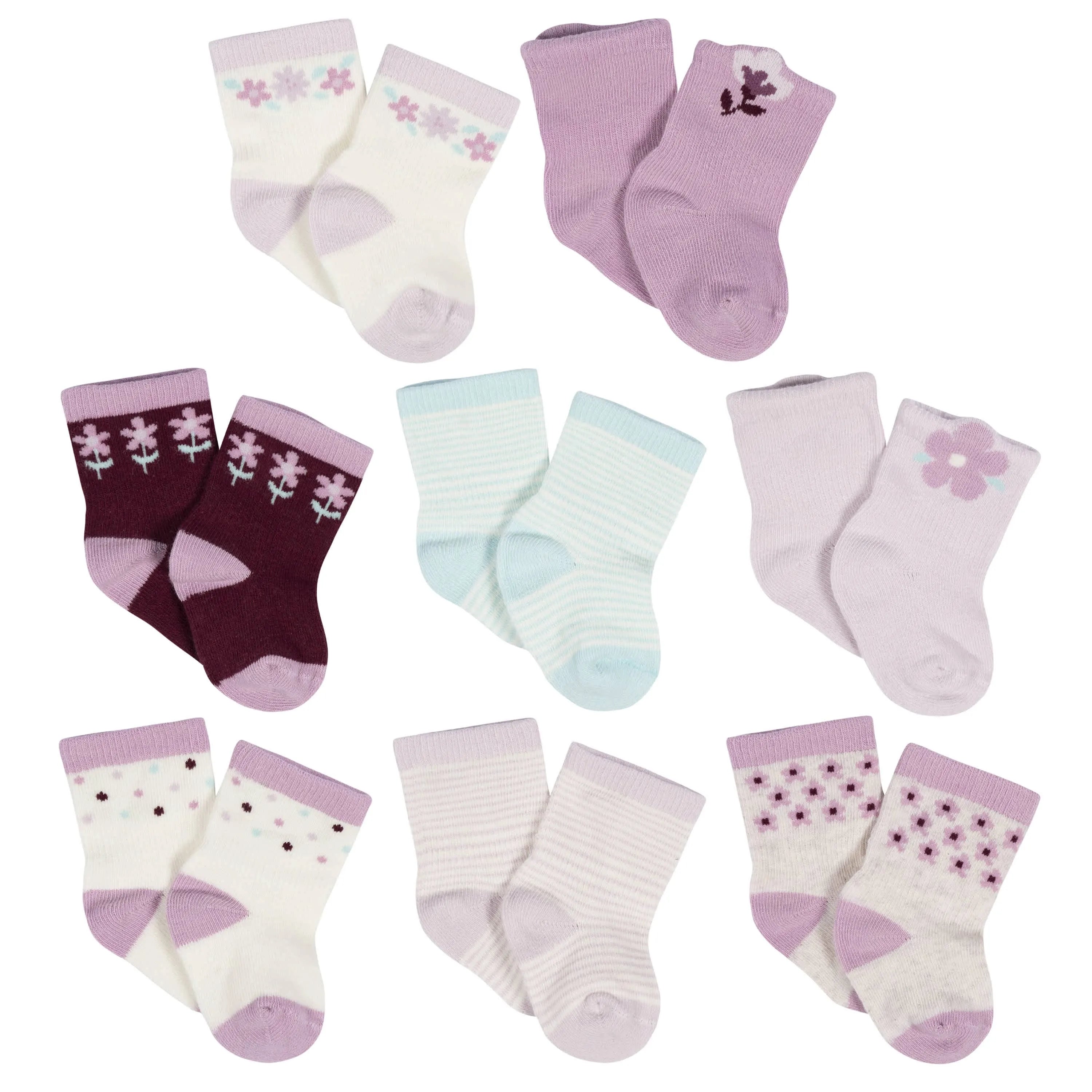 8-Pack Baby Girls Lavender Garden Jersey Wiggle Proof Socks
