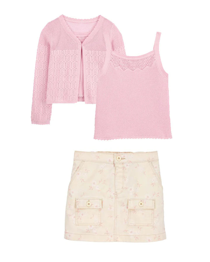 Oshkosh 2-Piece Pointelle Cardigan Set with Floral Print Denim Skirt