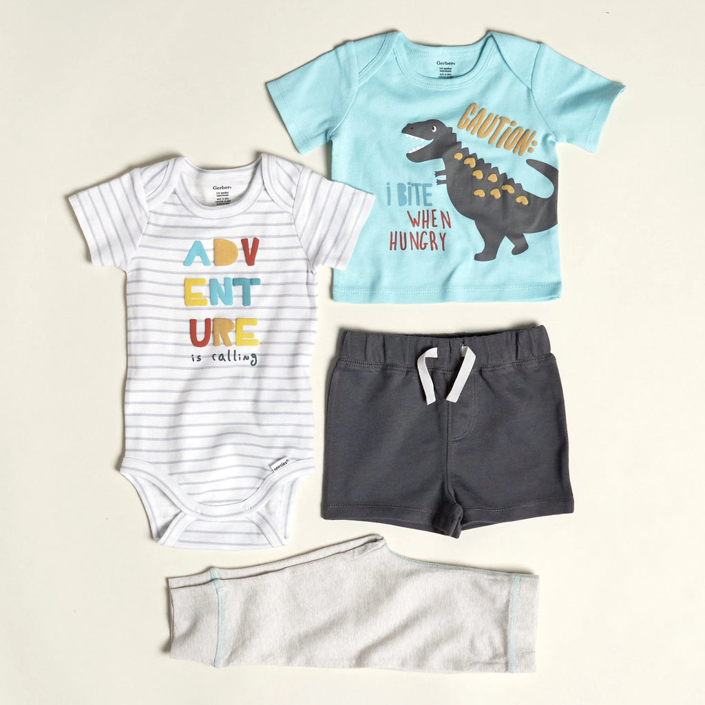 4-Piece Baby Boys Dino Blues Onesies Bodysuit, Tee, Shorts & Pant Set