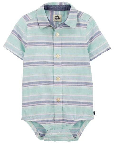 Oshkosh Striped Button-Front Linen Blend Bodysuit with Canvas Drawstring Shorts