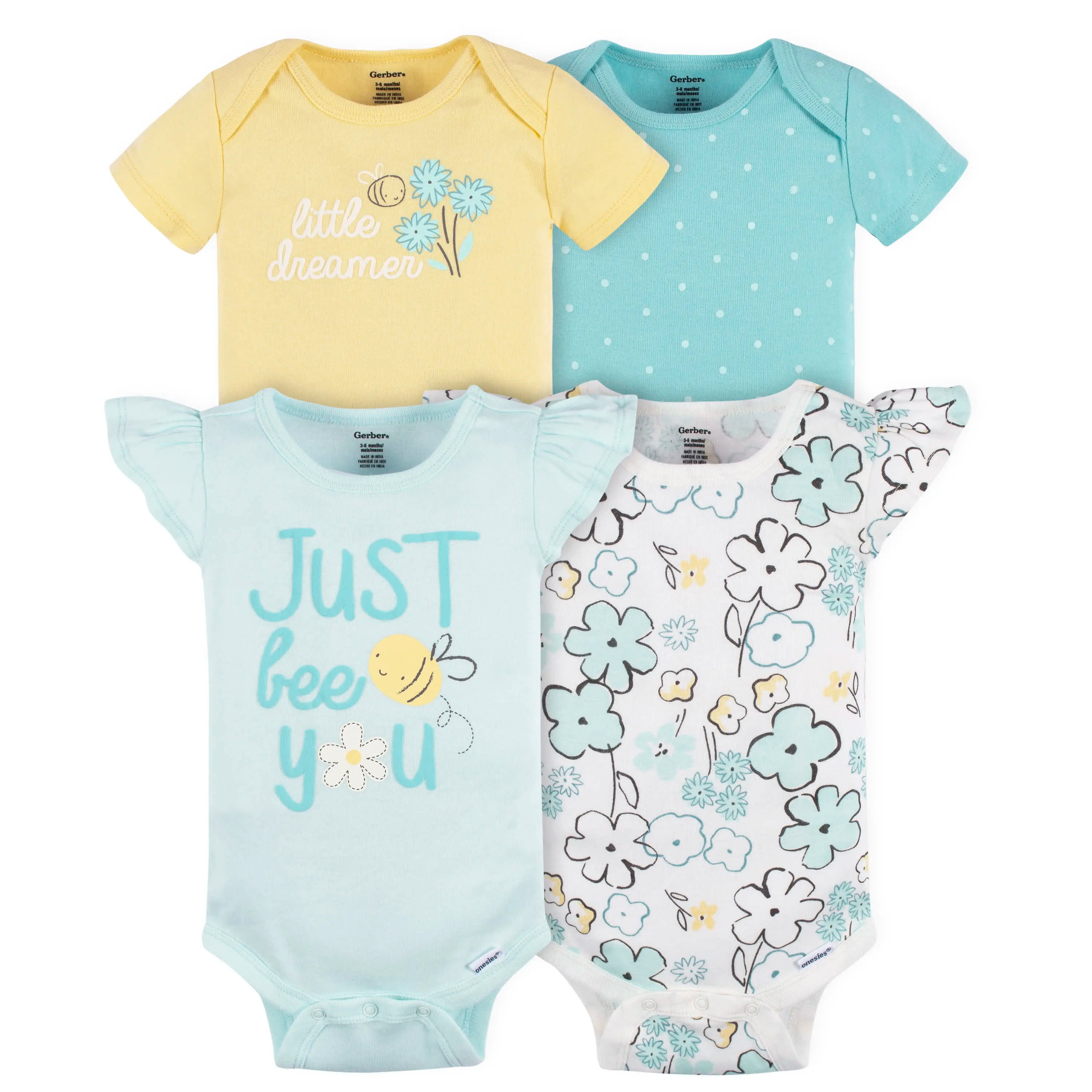 4-Pack Baby Girls Bee Petals Short Sleeve Onesies Bodysuits