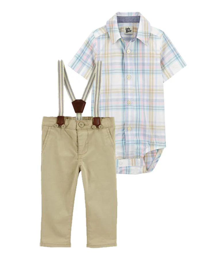 Oshkosh Plaid Button-Front Bodysuit with Twill Suspender Pants