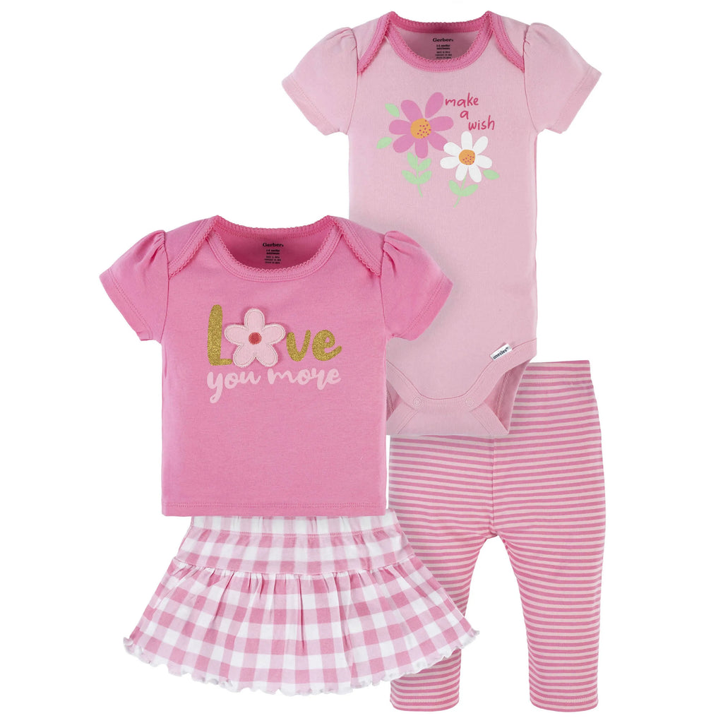 4-Piece Baby Girls Summer Blossom Onesies Bodysuit, Tee, Skort & Pant Set