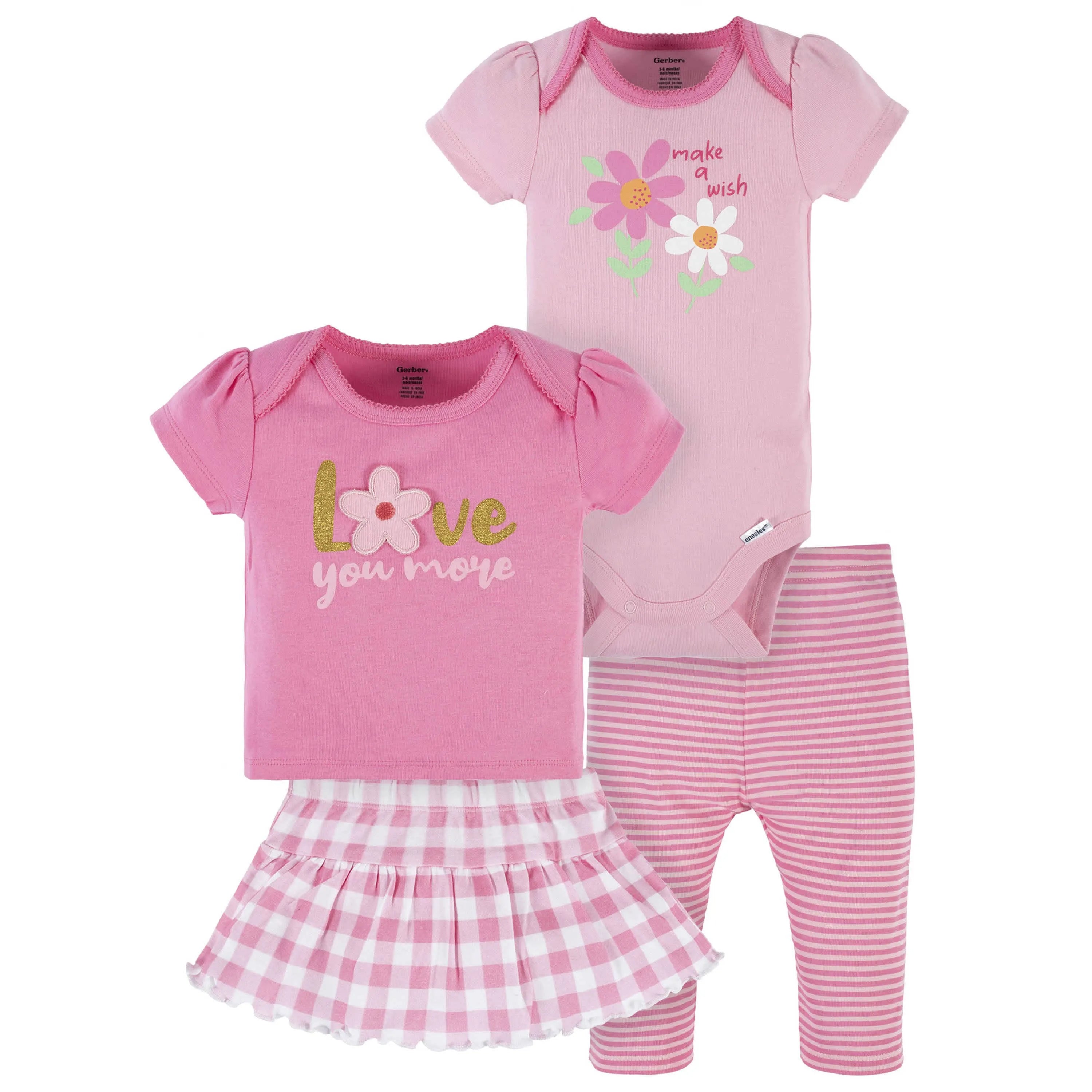 4-Piece Baby Girls Summer Blossom Onesies Bodysuit, Tee, Skort & Pant Set