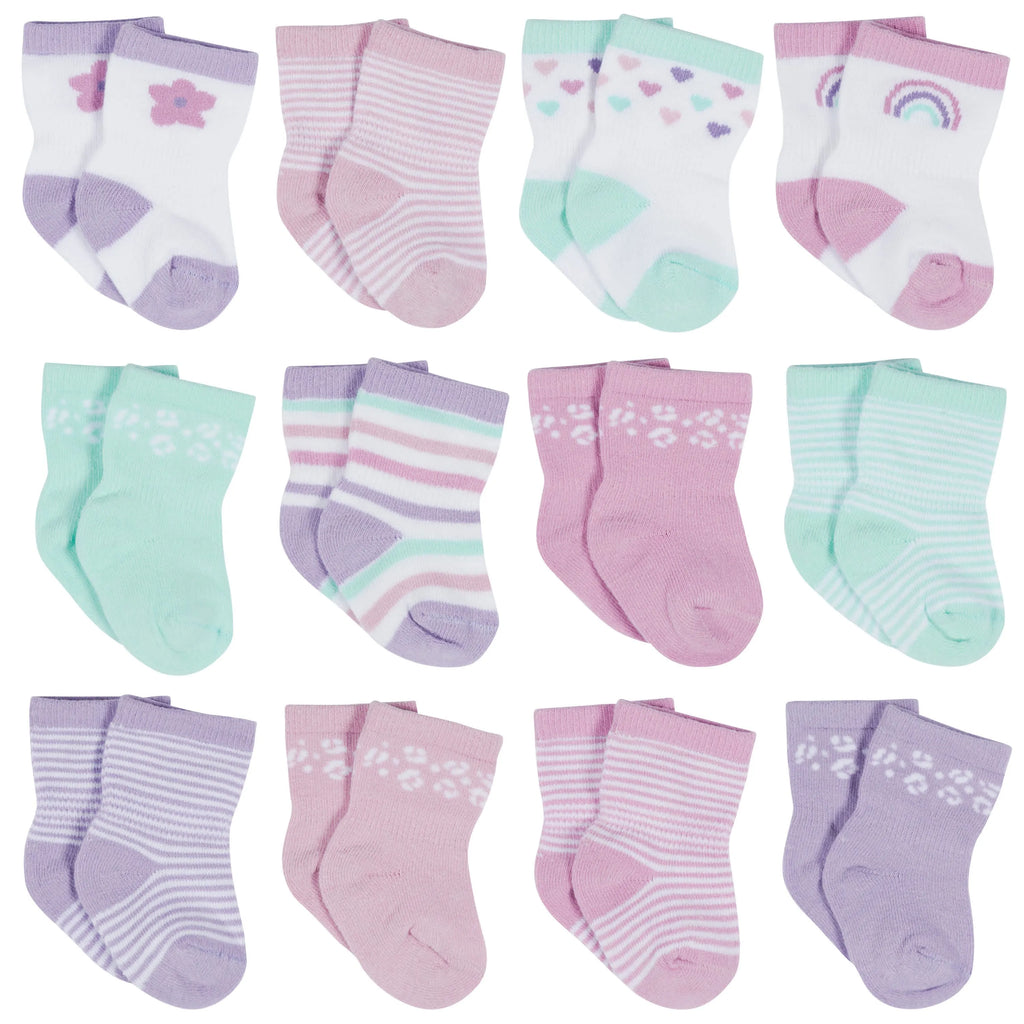 12-Pack Baby & Toddler Girls Rainbow Floral Jersey Crew Wiggle Proof Socks