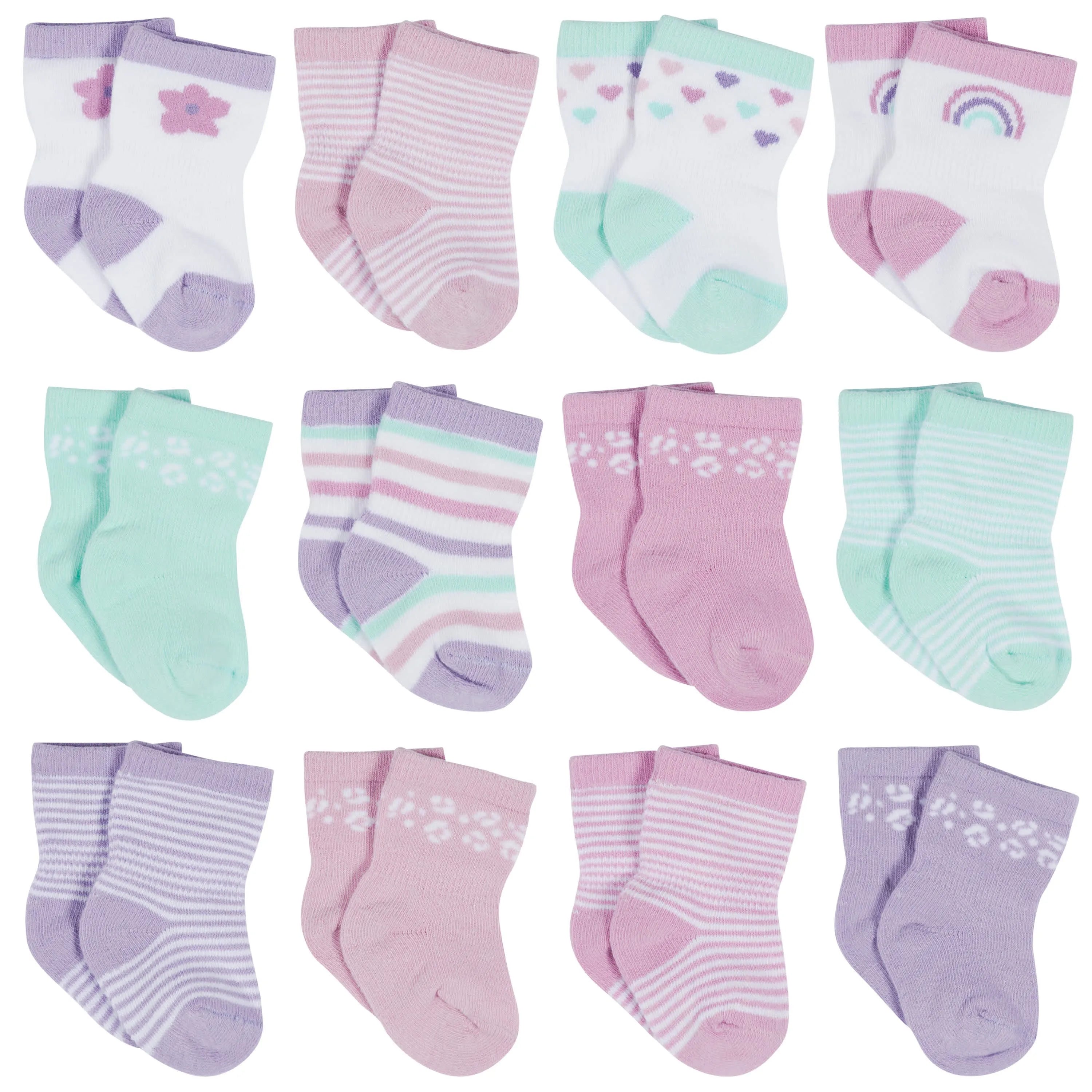 12-Pack Baby & Toddler Girls Rainbow Floral Jersey Crew Wiggle Proof Socks