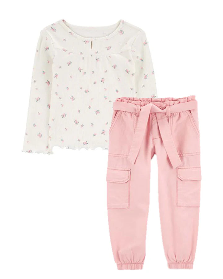 Oshkosh Floral Print Lettuce Hem Ribbed Top with Soft Cotton 42% LENZING™ ECOVERO™ Paperbag Cargo Pants