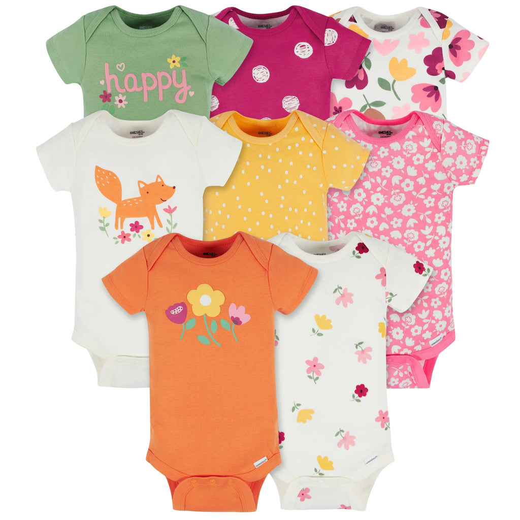 8-Pack Baby Girls Floral Fox Short Sleeve Onesies Bodysuits