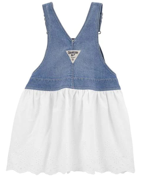 Oshkosh Denim Eyelet Jumper Dress with Scalloped Peter Pan Collar Jersey Tee