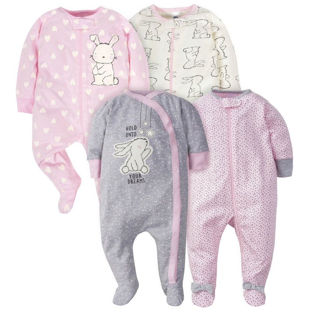 4-Pack Baby Girls Bunny Zip Front Sleep ‘N Plays