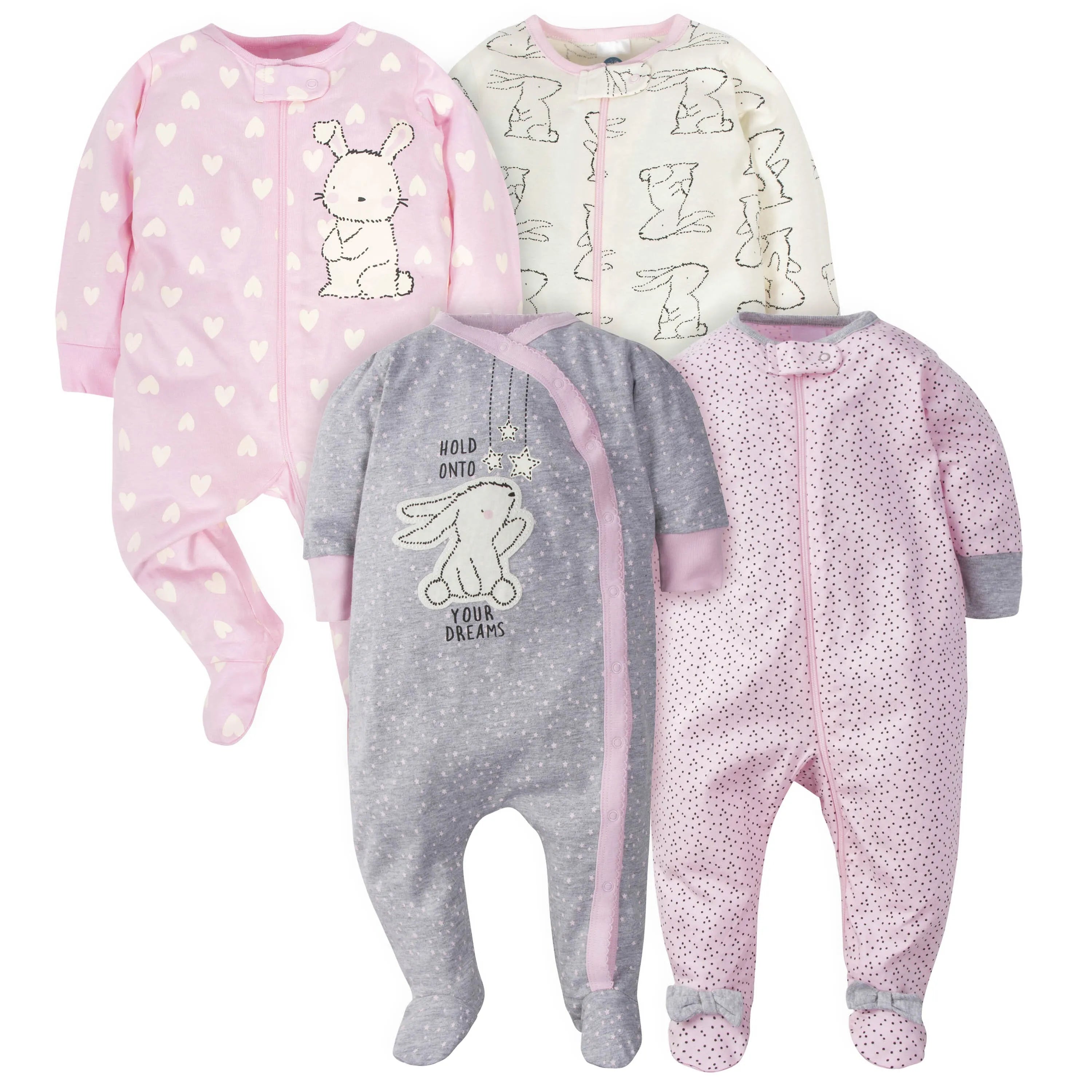 4-Pack Baby Girls Bunny Zip Front Sleep ‘N Plays