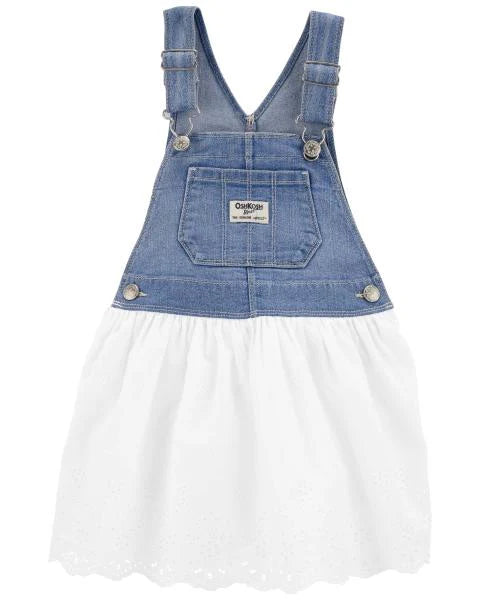 Oshkosh Denim Eyelet Jumper Dress with Scalloped Peter Pan Collar Jersey Tee