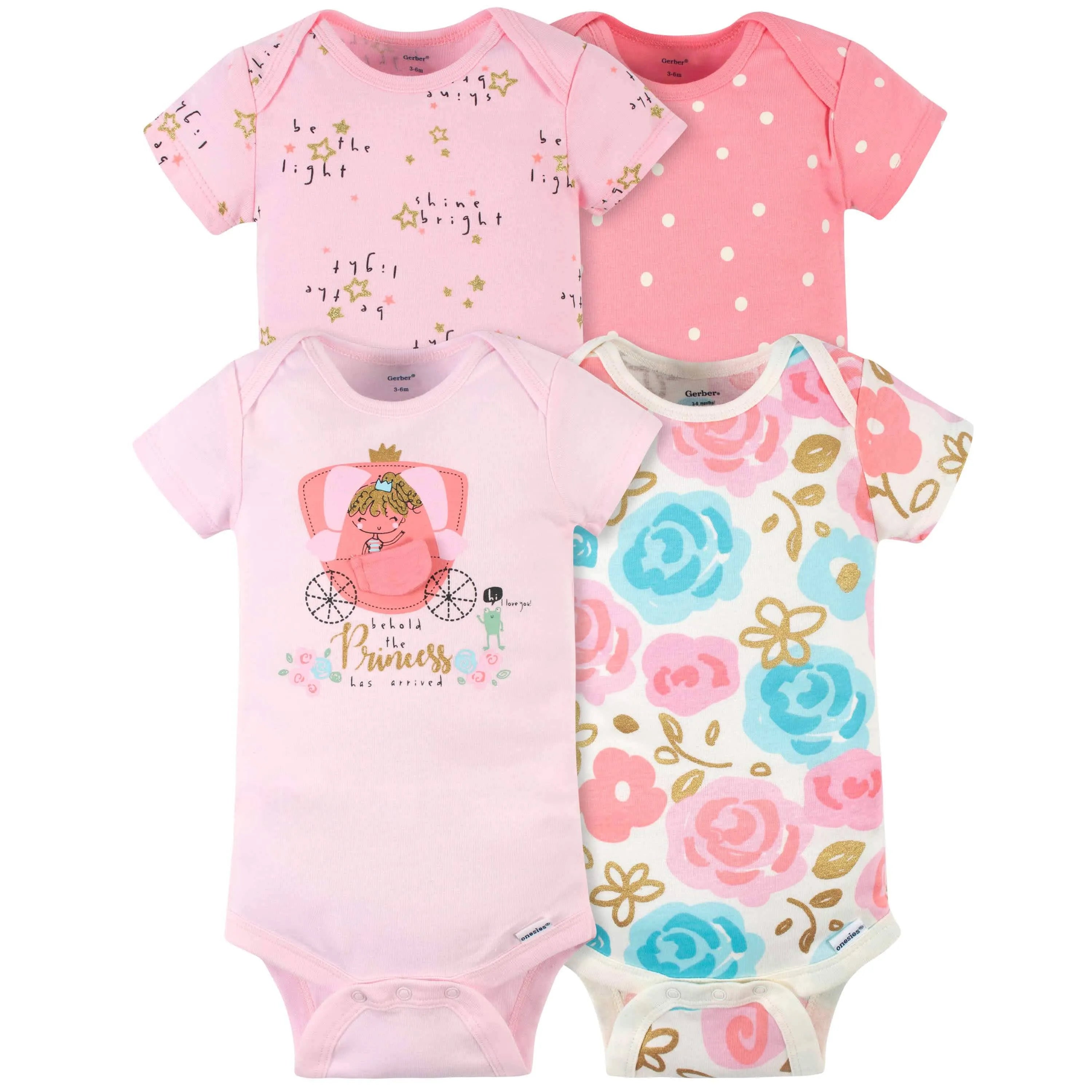 4-Pack Baby Girls Princess Short Sleeve Onesies Bodysuits