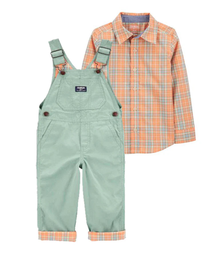 Oshkosh Lightweight Canvas Overalls with Plaid Button-Front Shirt
