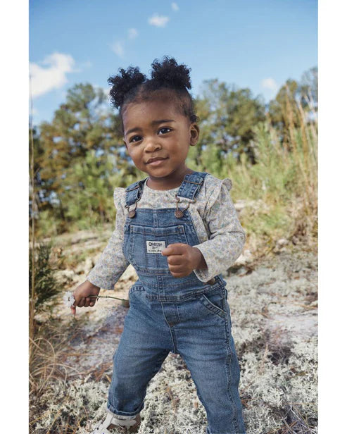 Oshkosh Floral Lined Stretch Denim Overalls with Floral Print Jersey Top
