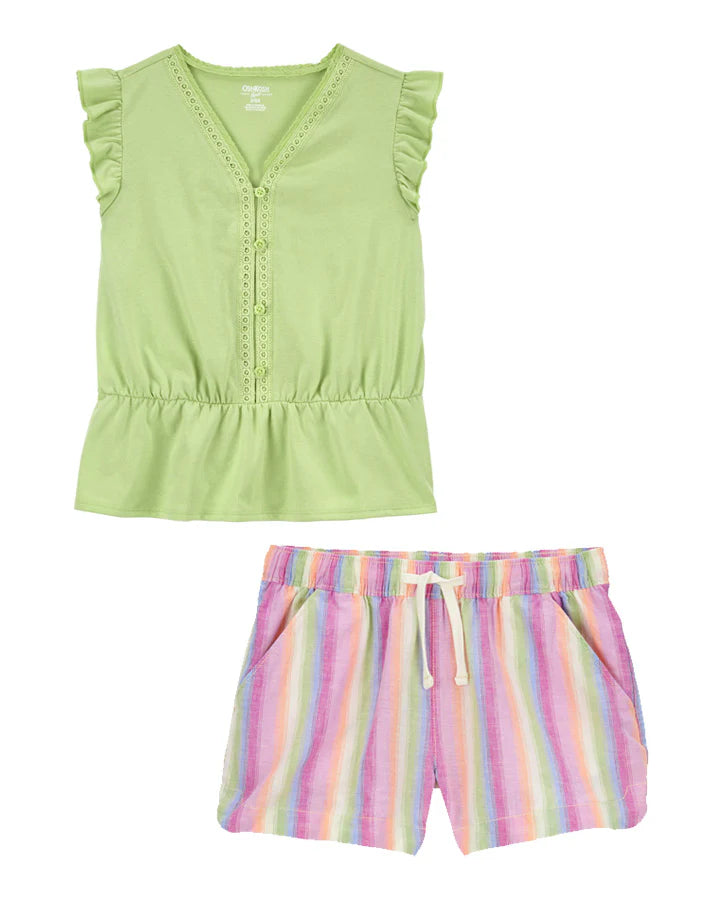 Oshkosh Kid Button-Front Flutter Top with Linen Cotton Drawstring Sun Shorts