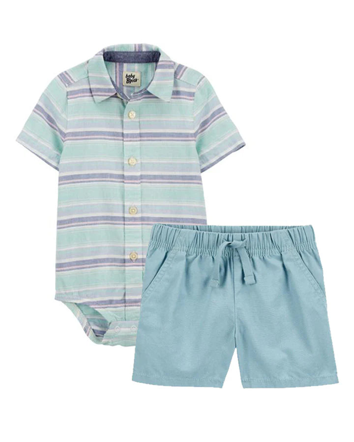 Oshkosh Striped Button-Front Linen Blend Bodysuit with Canvas Drawstring Shorts