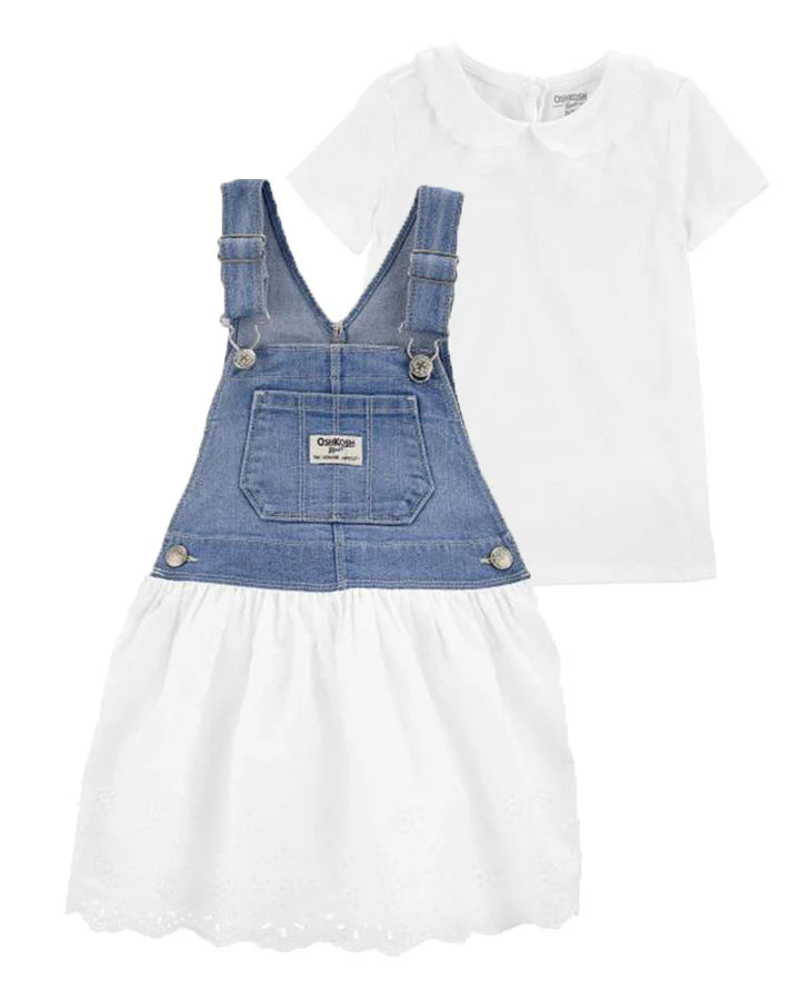 Oshkosh Denim Eyelet Jumper Dress with Scalloped Peter Pan Collar Jersey Tee