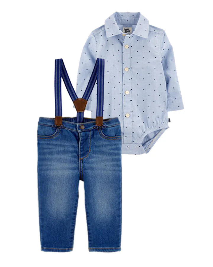 Oshkosh Polka-Dot Button-Front Bodysuit with Knit-Denim Suspender Pants