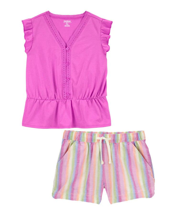 Oshkosh Kid Button-Front Flutter Top with Linen Cotton Drawstring Sun Shorts