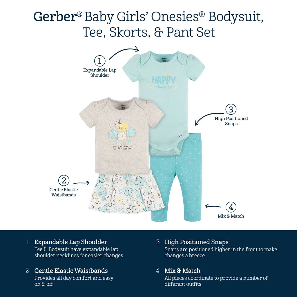 4-Piece Baby Girls Bee Petals Onesies Bodysuit, Tee, Skort & Pant Set