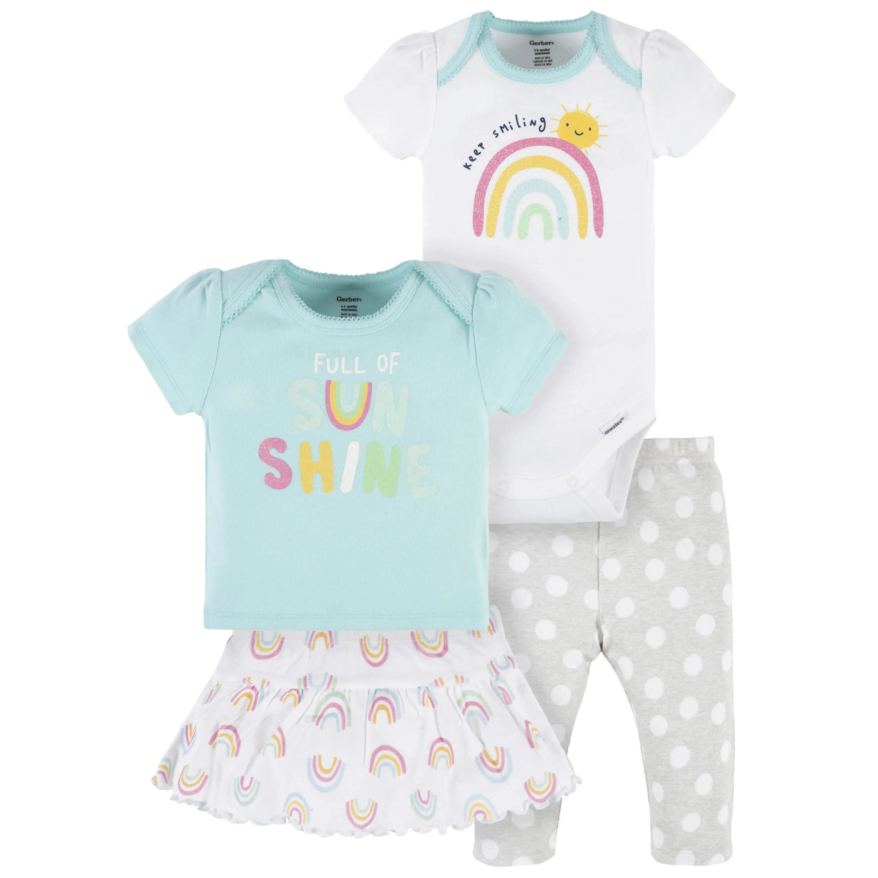 4-Piece Baby Girls Dots Of Rainbows Onesies Bodysuit, Tee, Skort & Pant Set