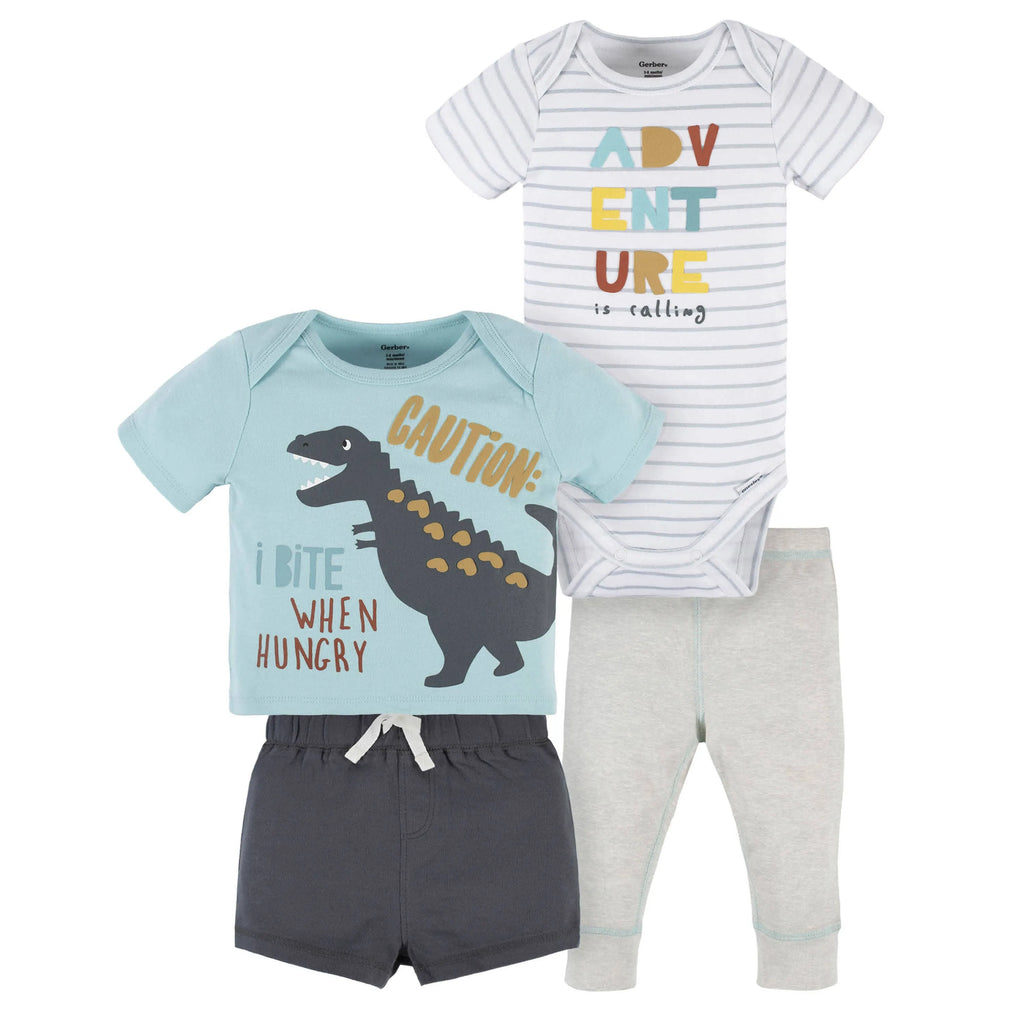 4-Piece Baby Boys Dino Blues Onesies Bodysuit, Tee, Shorts & Pant Set