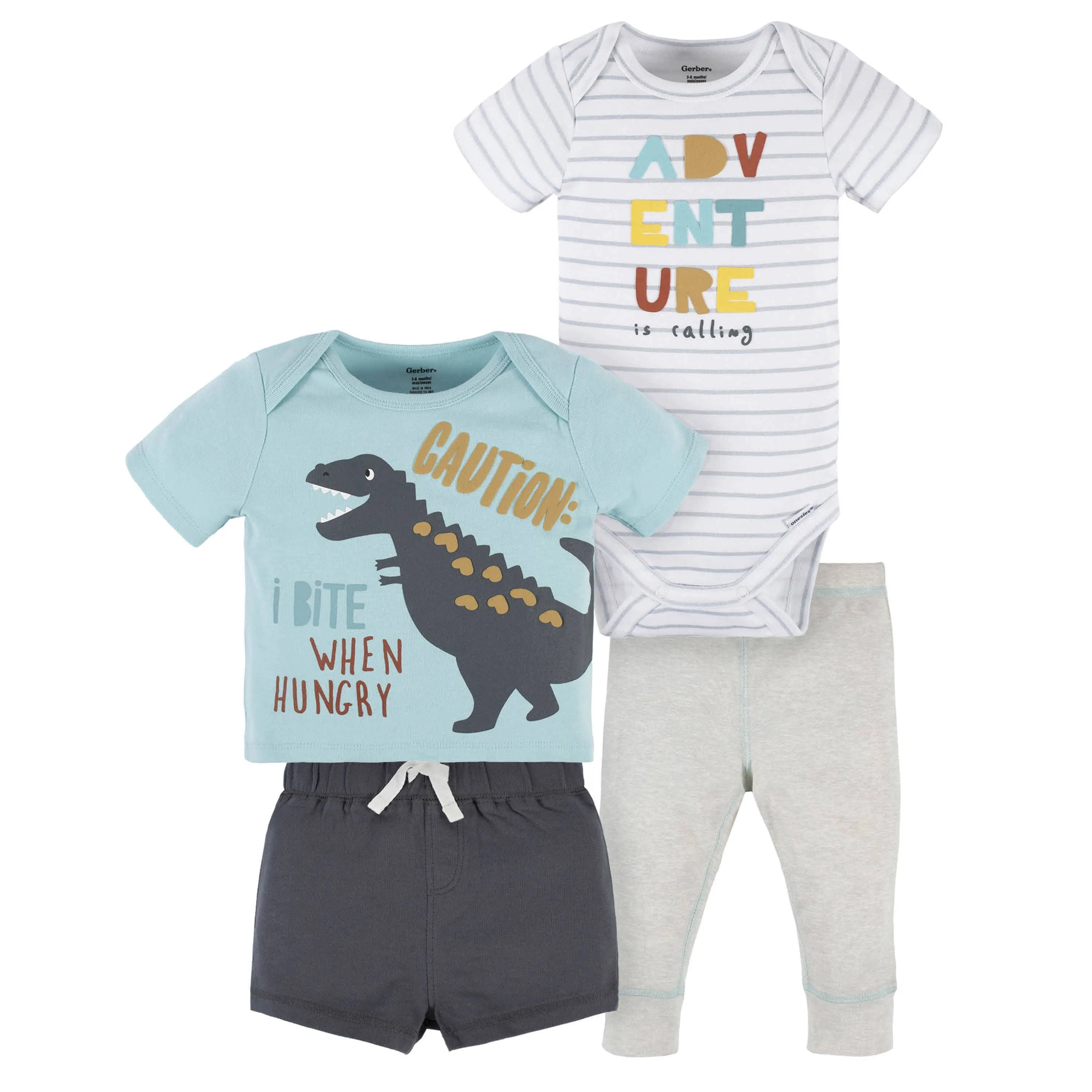 4-Piece Baby Boys Dino Blues Onesies Bodysuit, Tee, Shorts & Pant Set