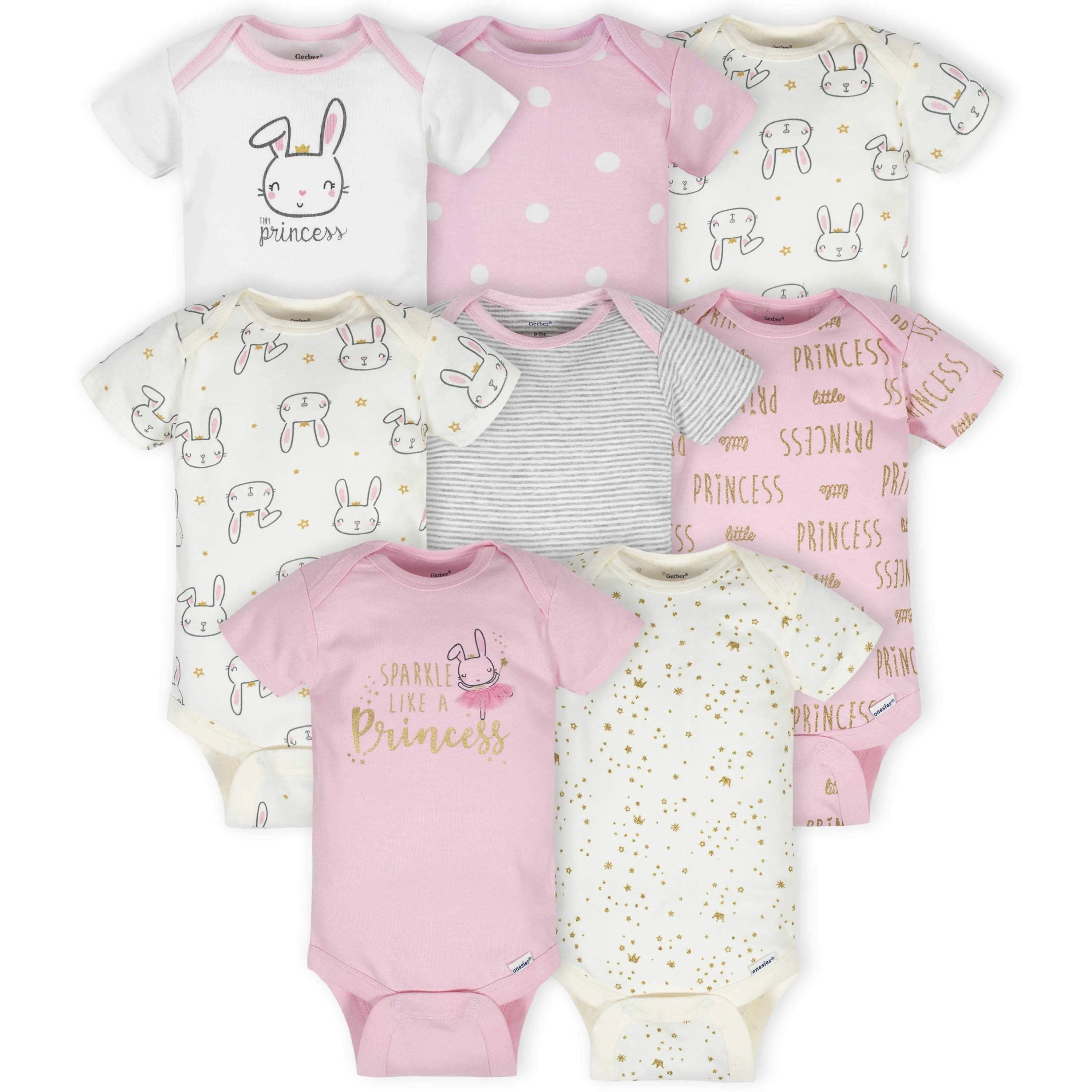 8-Pack Baby Girls Princess Short Sleeve Onesies Bodysuits